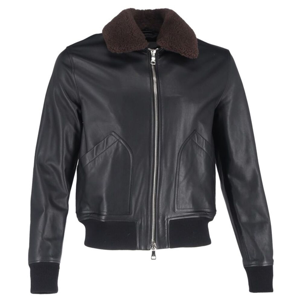 Mr. P. Shear Trim Zipped Bomber Jacket in Black Leather